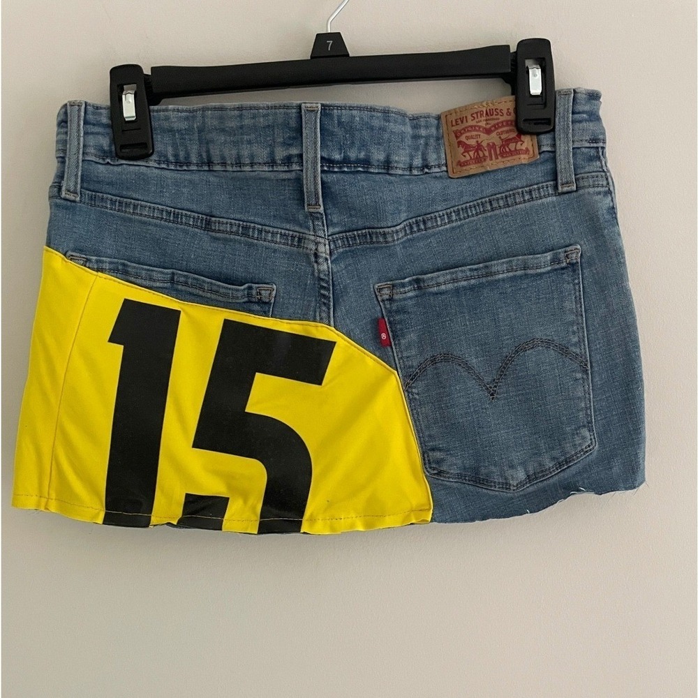 Levis Upcycled Denim Mini Skirt Reworked Sports Jersey Number 15 Raw Hem